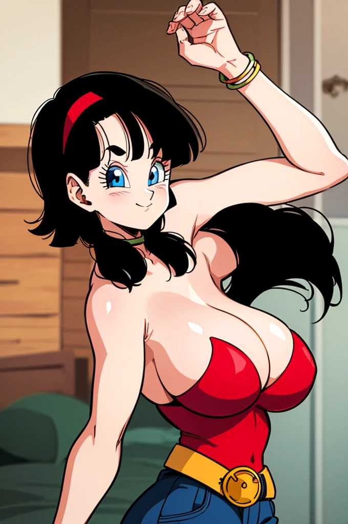 ultra detailed, masterpiece, best quality, solo, soft smile, light smile, Videl, Dragon Ball,
hairband, short hair, red hairband, bangs, sleeveless, dress, jewelry, belt, red dress, braceletblue eyes, colored eyelashes, eyelashes, black hair, , big breast, big ass, white shirt, confused face expresion, sin imperfecciones, dibujo perfecto,