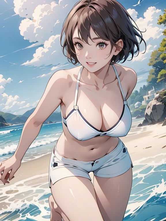 (Highest quality、masterpiece、High resolution、8K)、Vibrant colors、Young and beautiful woman 1、whole body、Brown and black short bob、barefoot、(Detailed face、Beautiful Eyes、Beautiful nose、Pretty lips)、Ample breasts、Beautiful cleavage、White T-shirt and shorts、Running on the beach、A refreshing smile、looking at the camera、Official Art、The background is the sea、blue sky、White waves and wide sandy beach、Wide forest、White Entrance Cloud、(Depth of written boundary:1.5)、Professional Lighting、