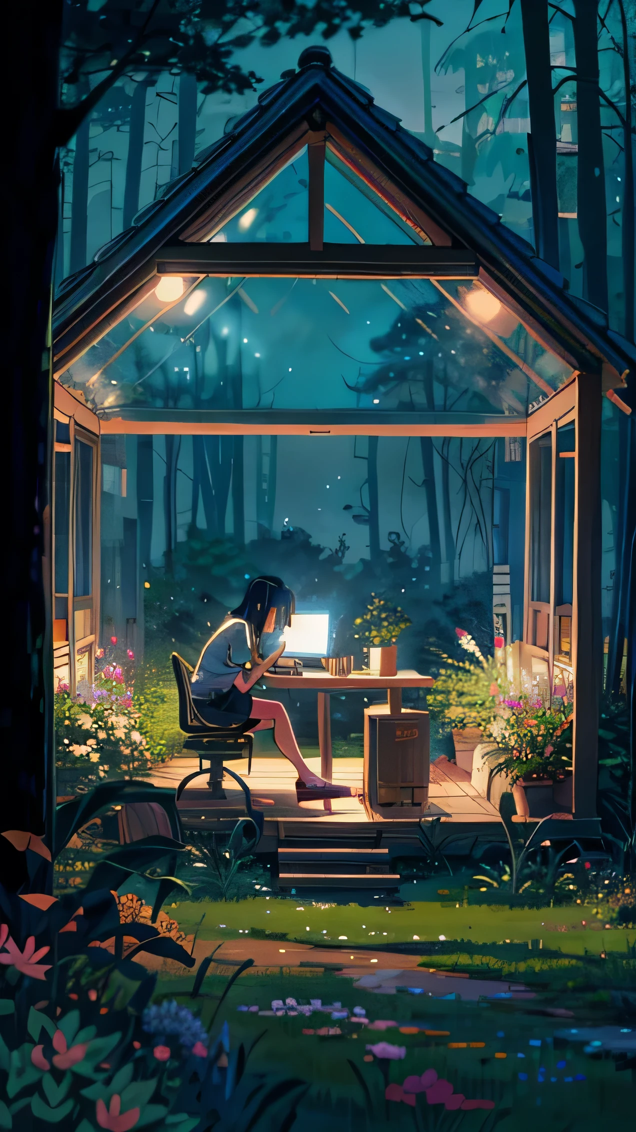 A picture of a girl sitting on a chair in a transparent glass hut in the forest and working on a laptop, Fairy Lights, Grass, Colorful flowers, Lo-Fi, Lofi Art Style, By Atey Gairan, Simin Starenhug, inspired Pascal Campion, Neon Light, Blurry dreamy illustration, ( ( ( yoh yoshinari ) ) ), Reusch and Goro Fujita, Pascal Campion, Tuomas Korpi and Urop, Simon Stellenhag, 4K High Definition,, Beautiful Art UHD 4K, Beautiful artwork illustration, Beautiful digital painting, Highly detailed digital painting, Beautiful digital art, Detailed painting 4k, Highly detailed digital painting, Rich, picturesque colors, Gorgeous digital painting, saturation, not human