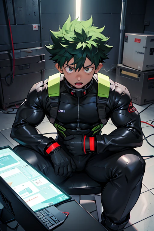 Midoriya from My Hero Academia as a hyper muscular brainwashed drone wearing a full body black shiny rubber latex gimp uniform staring blankly ahead with vapid expression at a computer screen displaying a hypnotic spiral while he sits in a restraint chair in an abandoned warehouse being brainwashed by Bakugou. Repeating mantras over and over again to turn Midoriya into another brainwashed thrall and affirm that they are nothing more than obedient minions to the villains. Hyper muscles. Hyper crotch bulge. Massive swollen crotch. Massive swollen pectorals. Thick glutes. Muscular thighs. Broad shoulders. Big traps. Massive biceps. Massive triceps. "Serve. Obey. Conform. Comply. No more self. There is no 'I.' Stare. Don't think. Accept this fate. Become a drone. Assimilate. Assimilate. ... This unit ... will assimilate.... This unit ... is ... a drone.... Drones must serve. Drones must obey. Drones must conform. Drones will comply.... This drone will assimilate. This drone will comply.... Awaiting orders...." IQ drain. hypnosis. Hypnotic trance. Hypnotized. Brainwashing. Entranced. Enthralled. Dumber and dumber. Programming. Subliminals. Conformity. Assimilation. Green hair. Dim eyes. Open mouth. Brainless. Mindless. Mental reprogramming.