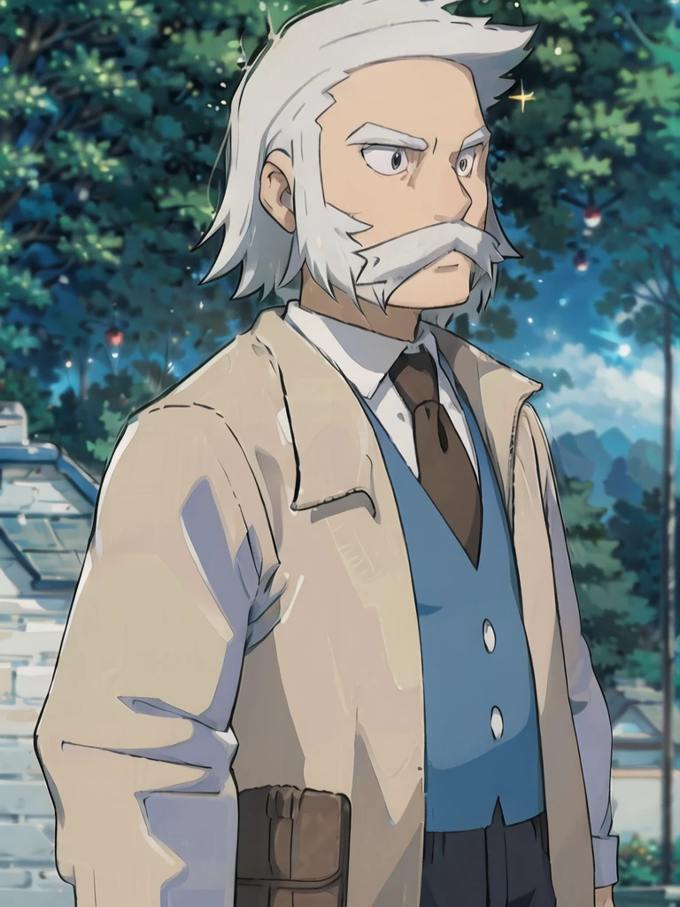 (masterpiece, best quality:1.2),ProfessorRowan, solo, looking at viewer, shirt, 1boy, closed mouth, white shirt, upper body, white hair, male focus, outdoors,brown coat, necktie, collared shirt, blurry, night, blurry background, parody, formal, style parody