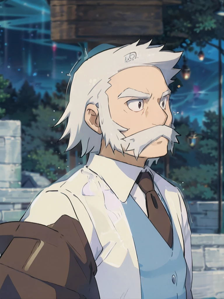 (masterpiece, best quality:1.2),ProfessorRowan, solo, looking at viewer, shirt, 1boy, closed mouth, white shirt, upper body, white hair, male focus, outdoors,brown coat, necktie, collared shirt, blurry, night, blurry background, parody, formal, style parody