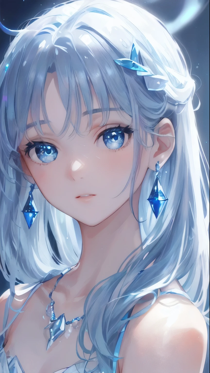 Sax Blue, Platinum Earrings, Platinum Necklace, White Dress, One girl, cute, Cinema Lighting, Delicate facial features, Fine grain, Sharp pupils, Realistic students, Sharp focus, (Ultra-detailed, bloom, shine:1.4), Lots of little gems