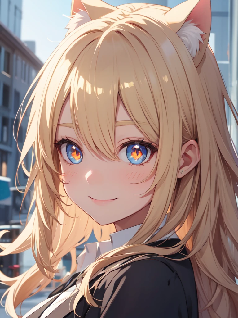 hair over shoulder, wavy hair, hair strand, shiny hair, blonde hair, eye reflection, glowing eyes, slit pupils, amber eyes, cat ears, smile, blush, glint, happy, anime, anime style, En plein air, high detail, cinematic lighting, ray tracing, reflection light, masterpiece, accurate, anatomically correct, super detail, high details, high quality, best quality, highres, 4K