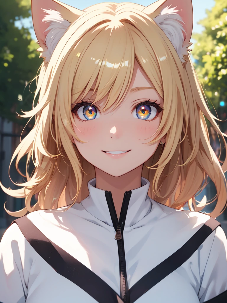 hair over shoulder, wavy hair, hair strand, shiny hair, blonde hair, eye reflection, glowing eyes, slit pupils, amber eyes, cat ears, smile, blush, glint, happy, anime, anime style, En plein air, high detail, cinematic lighting, ray tracing, reflection light, masterpiece, accurate, anatomically correct, super detail, high details, high quality, best quality, highres, 4K