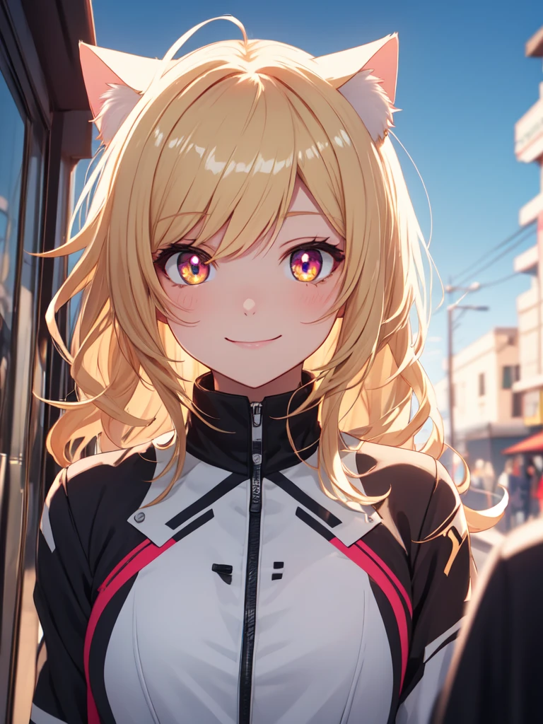 hair over shoulder, wavy hair, hair strand, shiny hair, blonde hair, eye reflection, glowing eyes, slit pupils, amber eyes, cat ears, smile, blush, glint, happy, anime, anime style, En plein air, high detail, cinematic lighting, ray tracing, reflection light, masterpiece, accurate, anatomically correct, super detail, high details, high quality, best quality, highres, 4K