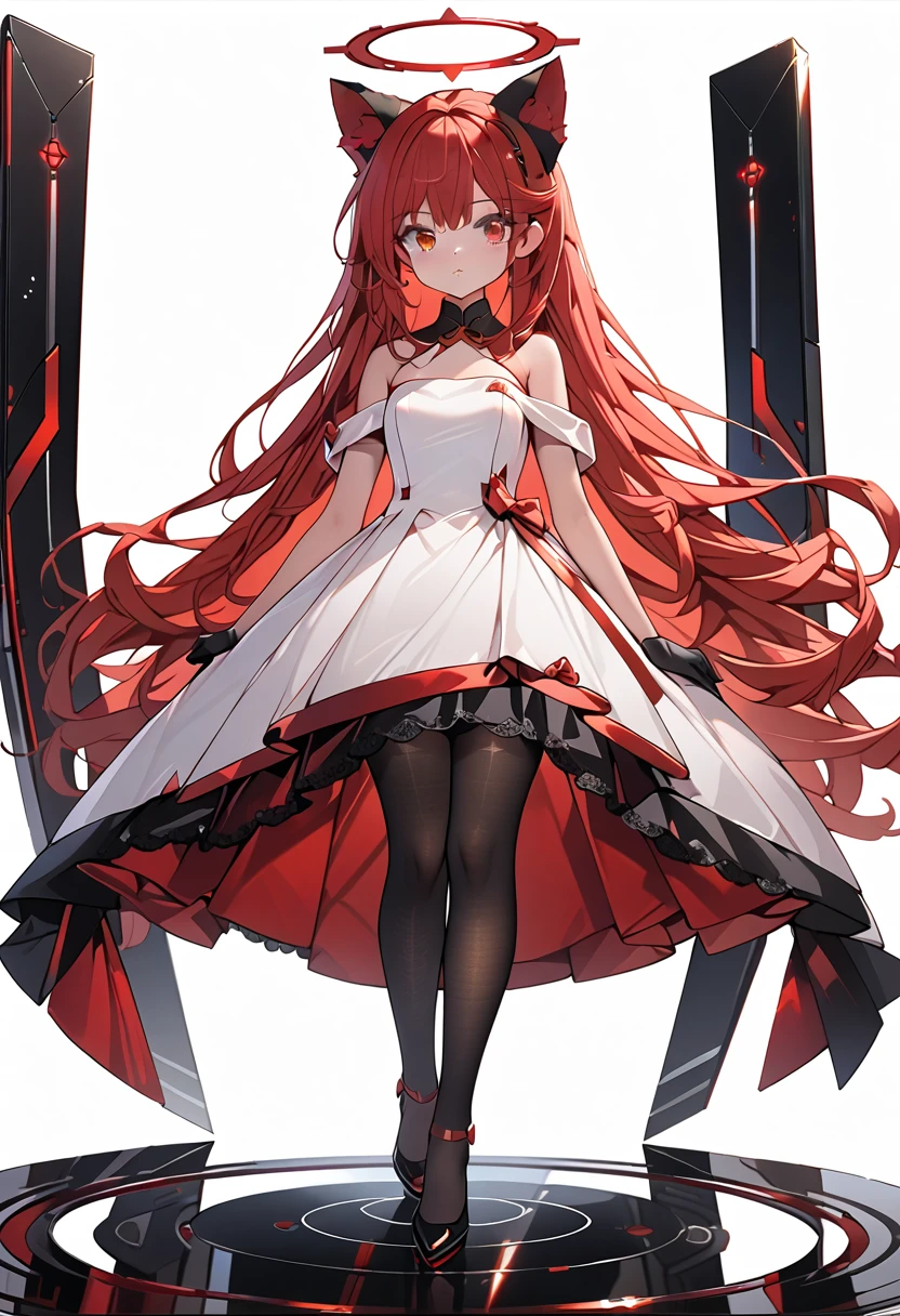 masterpiece, highest quality, highest resolution, clear_image, detailed details, red hair, long hair, cat ears, 1 girl, red eyes, imperial bridesmaid dress, black pantyhose, red futuristic halo, beautiful, full body, no water marks, laboratory, no extra limps, no extra body