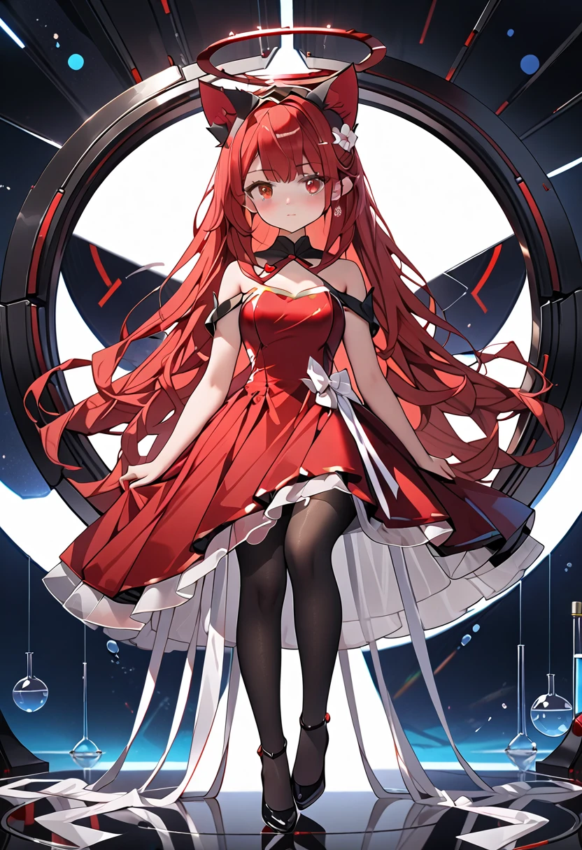 masterpiece, highest quality, highest resolution, clear_image, detailed details, red hair, long hair, cat ears, 1 girl, red eyes, imperial bridesmaid dress, black pantyhose, red futuristic halo, beautiful, full body, no water marks, laboratory, no extra limps, no extra body