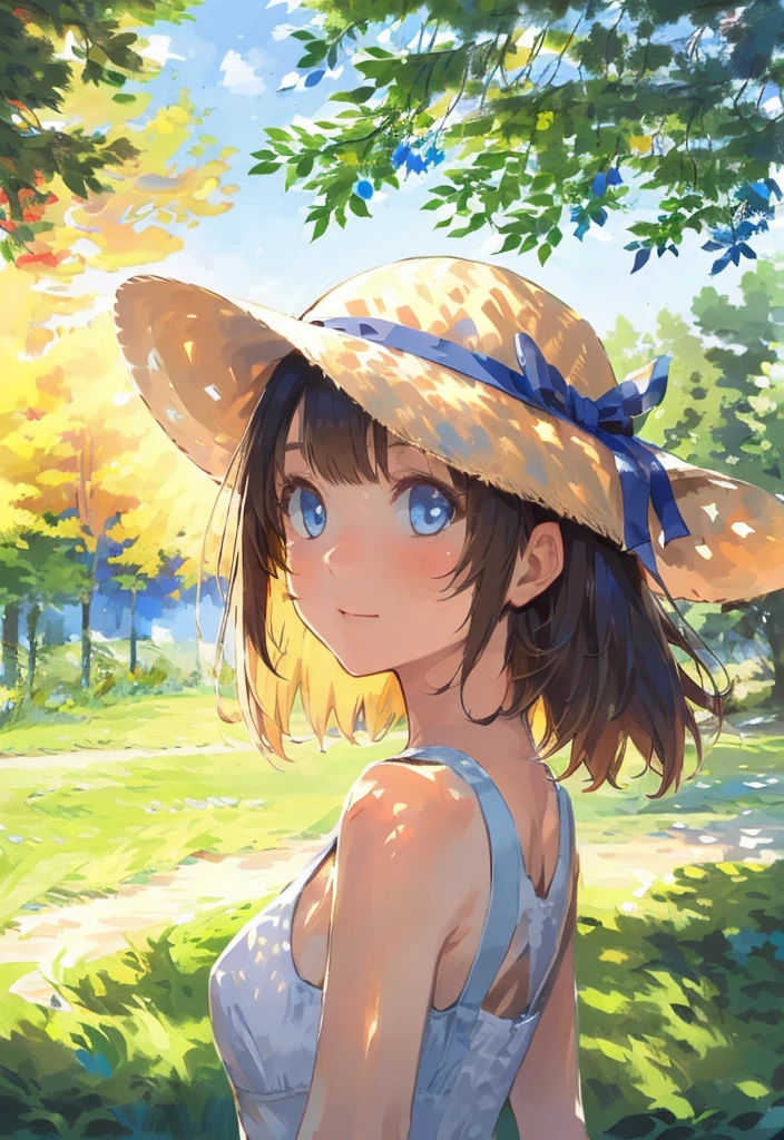 1girl, solo, hat, outdoors, sun hat, tree, day, white headwear, blue eyes,short hair, from side, upper body, white dress, nature, scenery,  brown hair,  dappled sunlight sunrise, reflection, outdoor, vista, (illustration:1.0), masterpiece, best quality,  