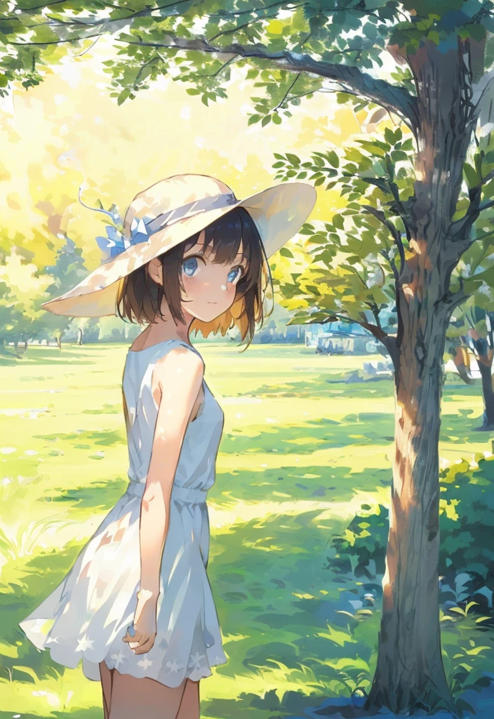 1girl, solo, hat, outdoors, sun hat, tree, day, white headwear, blue eyes,short hair, from side, upper body, white dress, nature, scenery,  brown hair,  dappled sunlight sunrise, reflection, outdoor, vista, (illustration:1.0), masterpiece, best quality,  