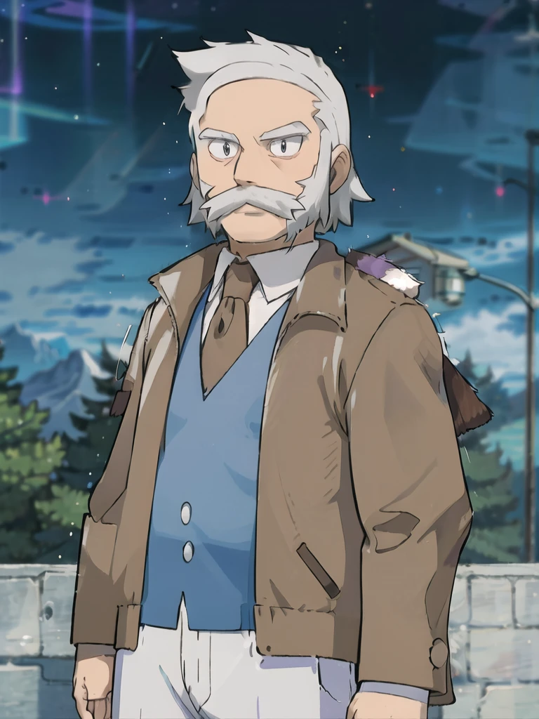 (masterpiece, best quality:1.2),ProfessorRowan, solo, looking at viewer, shirt, 1boy, closed mouth, white shirt, upper body, white hair, male focus, outdoors,brown coat, necktie, collared shirt, blurry, night, blurry background, parody, formal, style parody