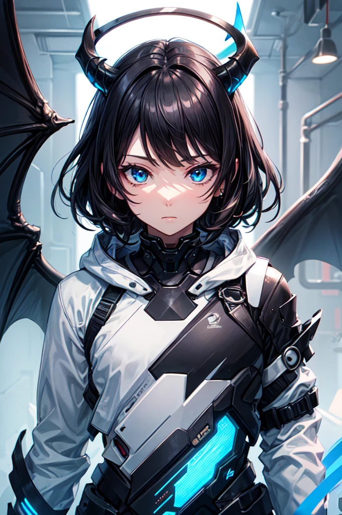 masterpiece, highest quality, highest resolution, clear_image, photo realistic, detailed details, black hair, bangs, scruffy hair, blue demon horn, 1 teen boy, sky blue eyes, black hoodie, Blue futuristic halo, futuristic dragon wings, beautiful, upper body, no water marks, laboratory, no extra limps, no extra body