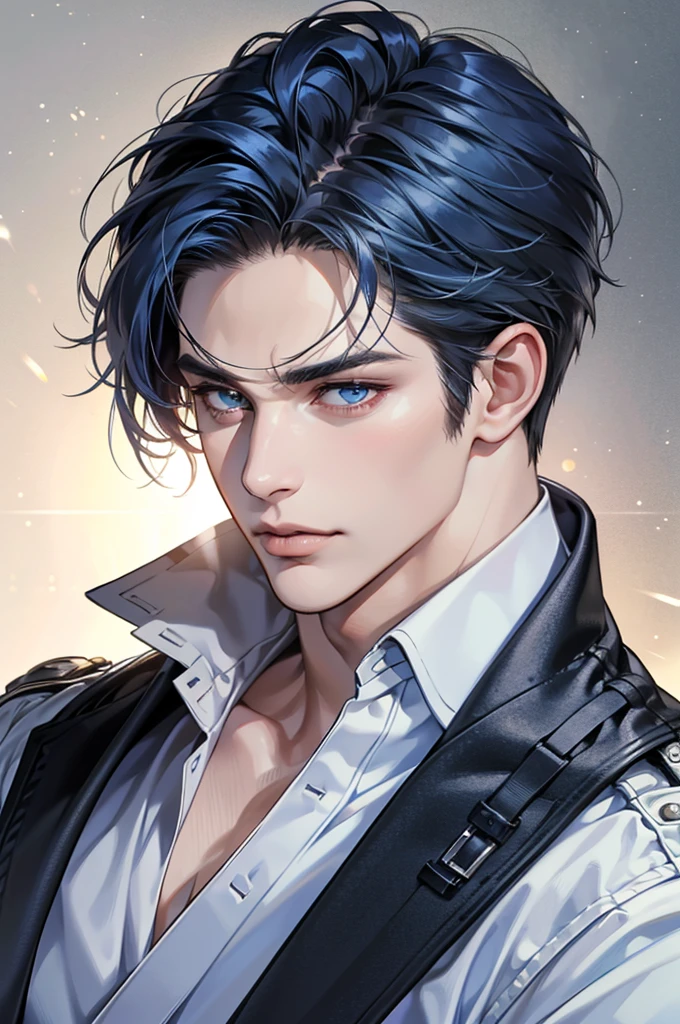 (best quality,4k,8k,highres,masterpiece:1.2),ultra-detailed,(realistic,photorealistic,photo-realistic:1.37),30 year old man,3 day beard,handsome anime,portraits,strong,masculine,dark blue hair,sharp jawline,mesmerizing eyes,perfectly styled hair,short hair, cool anime outfit,confident expression,vibrant colors,dynamic lighting
