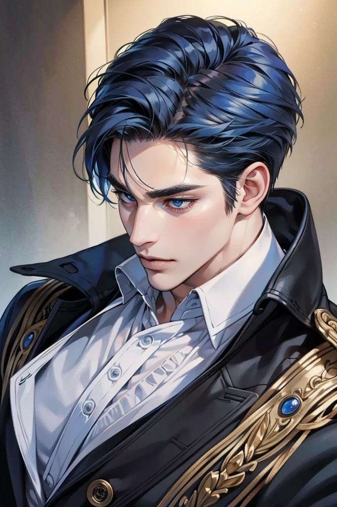 (best quality,4k,8k,highres,masterpiece:1.2),ultra-detailed,(realistic,photorealistic,photo-realistic:1.37),30 year old man,3 day beard,handsome anime,portraits,strong,masculine,dark blue hair,sharp jawline,mesmerizing eyes,perfectly styled hair,short hair, cool anime outfit,confident expression,vibrant colors,dynamic lighting