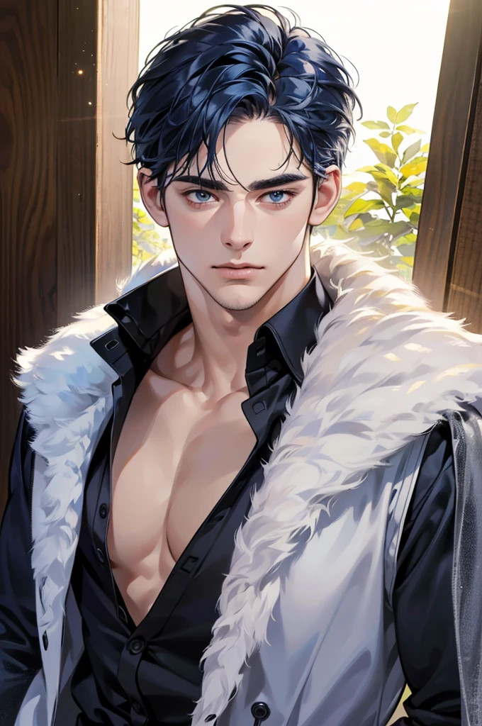 (best quality,4k,8k,highres,masterpiece:1.2),ultra-detailed,(realistic,photorealistic,photo-realistic:1.37),30 year old man,3 day beard,handsome anime,portraits,strong,masculine,dark blue hair,sharp jawline,mesmerizing eyes,perfectly styled hair,short hair, cool anime outfit,confident expression,vibrant colors,dynamic lighting
