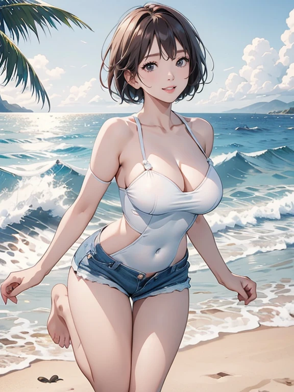 (Highest quality、masterpiece、High resolution、8K)、Vibrant colors、Young and beautiful woman 1、whole body、Brown and black short bob、barefoot、(Detailed face、Beautiful Eyes、Beautiful nose、Pretty lips)、Ample breasts、Beautiful cleavage、White T-shirt and shorts、Running on the beach、A refreshing smile、looking at the camera、Official Art、The background is the sea、blue sky、White waves and wide sandy beach、Wide forest、White Entrance Cloud、(Depth of written boundary:1.5)、Professional Lighting、