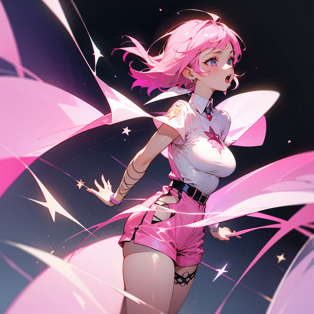A girl of around 19 years old with short pink hair down to her neck and a star on her cheek., a shirt covering only her large breasts and very short pants with transparent mesh stockings, with an open mouth full of saliva Focusing on her mouth and a background of pink light