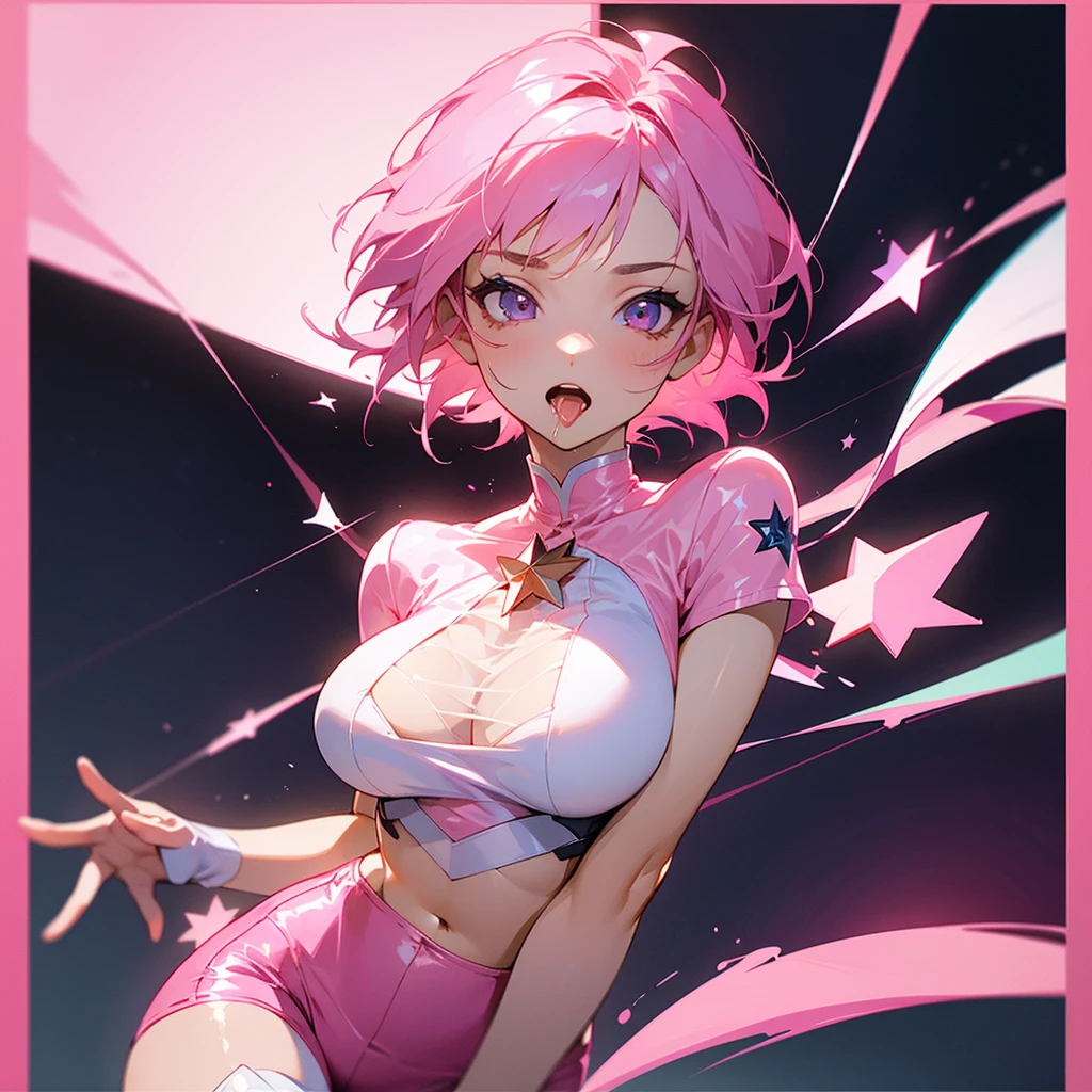 master part, high, high quality, detailed face, perfect face, Detailed body, full body, slim body, nude, 1girl, solo, Sakura Haruno, nude shoulders, large breasts, necklace, bracelet, hair ornament, standing, happy, blushes, hands on own breasts, night, space, nebula, moon and stars, galaxy,