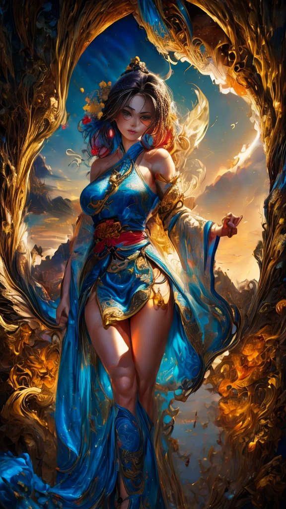 Official Art, Unified 36K Wallpapers, Ultra Detailed, Beautiful and Aesthetic, Masterpiece, Best Quality, (Zentangle, Tangle, Entangle), (fractal art: 1.4), (character center: 1.3), 1woman, brunette hair, Latina Adult model Daisy Marie, off-the-shoulders, short short skirt, calf, navel, very detailed, dynamic angle, cowboyshot, (most beautiful form of chaos), ethereal, (bright colors), oc, (half: 1.2), china, (thangka flying sky: 1.5), (ribbon: 1.3), (dream: 1.5), (Curtain hanfu: 1.5), Chinese dragon, Chinese phoenix, (smile: 0.5), ( Chinese deities),