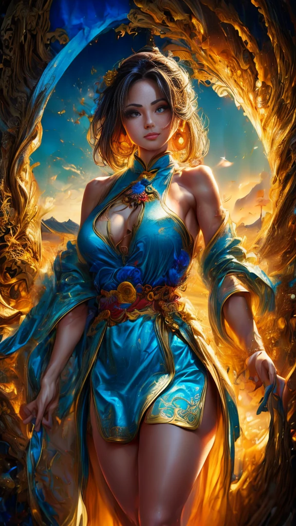 Official Art, Unified 36K Wallpapers, Ultra Detailed, Beautiful and Aesthetic, Masterpiece, Best Quality, (Zentangle, Tangle, Entangle), (fractal art: 1.4), (character center: 1.3), 1woman, brunette hair, Latina Adult model Daisy Marie, off-the-shoulders, short short skirt, calf, navel, very detailed, dynamic angle, cowboyshot, (most beautiful form of chaos), ethereal, (bright colors), oc, (half: 1.2), china, (thangka flying sky: 1.5), (ribbon: 1.3), (dream: 1.5), (Curtain hanfu: 1.5), Chinese dragon, Chinese phoenix, (smile: 0.5), ( Chinese deities),