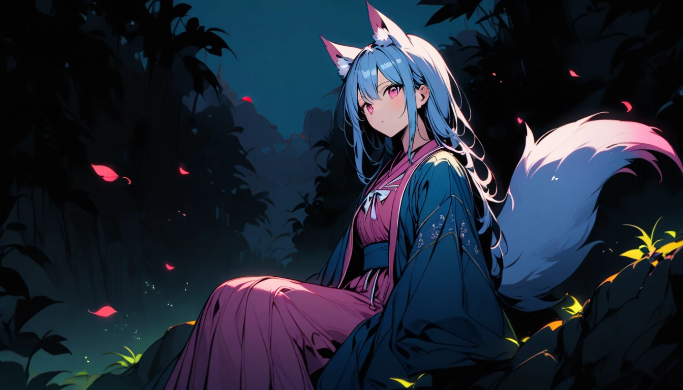 (good job:1 woman, fox ears, fox tail, 하늘색 fox ears, 하늘색 fox tail,hair down to the middle of the back, light blue hair, He wears a white ribbon in his hair., pink eyes, Sky blue hanbok, sitting on a rock in the forest