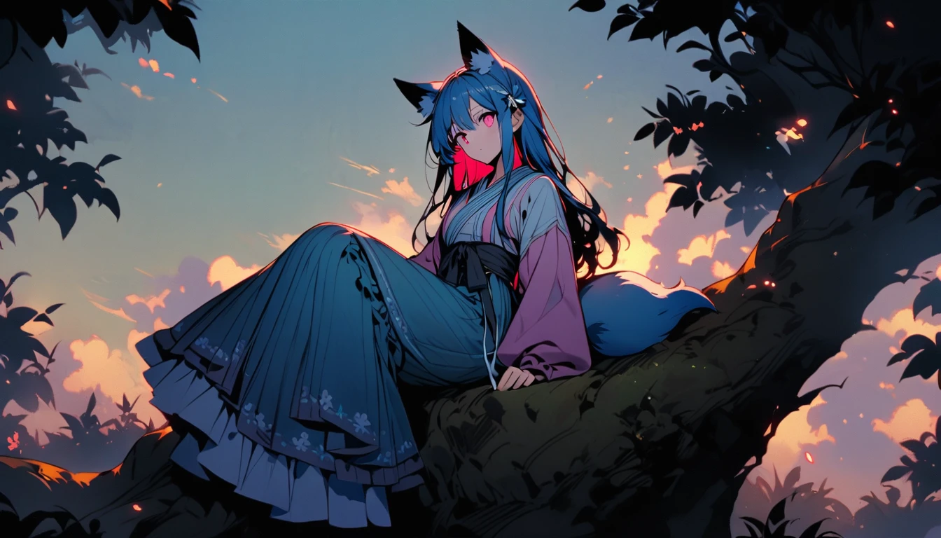 (good job:1 woman, fox ears, fox tail, 하늘색 fox ears, 하늘색 fox tail,hair down to the middle of the back, light blue hair, He wears a white ribbon in his hair., pink eyes, Sky blue hanbok, sitting on a rock in the forest