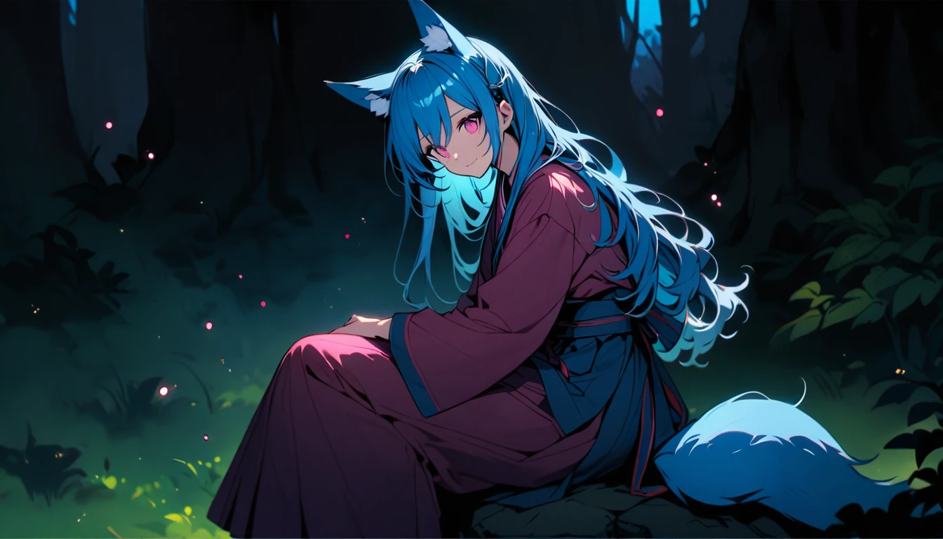 (good job:1 woman, fox ears, fox tail, 하늘색 fox ears, 하늘색 fox tail,hair down to the middle of the back, light blue hair, He wears a white ribbon in his hair., pink eyes, Sky blue hanbok, sitting on a rock in the forest