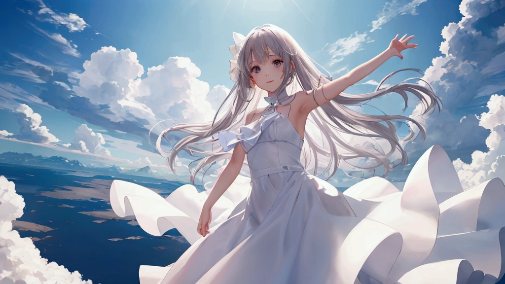 girl in white dress with open arms and looking at the camera in a landscape with clear sky