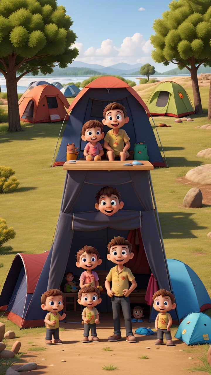 cartoon sibling parents with 2 toddlers are camping activity in lake