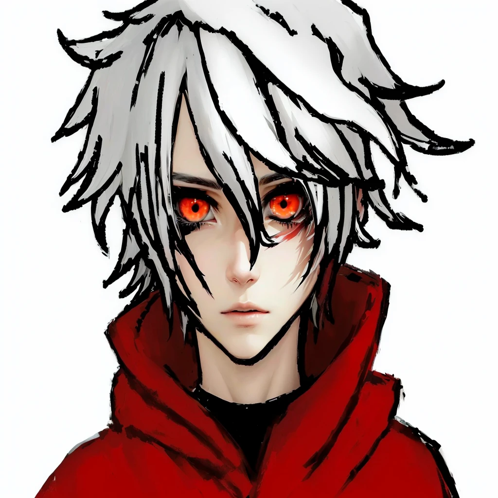 anime drawing of a man with white hair and красный eyes, ((красный)) мешковатые глаза, fully красный eyes no pupils, his eyes are красный and glowing, bright красный eyes, Нагито Комаэда, его глаза сильно кровоточат, fully красный eyes, with glowing красный eyes, blood красный eyes, a silver haiкрасный mad, his eyes glowing красный, with красный glowing eyes, boy, bloods, gray hair, blank look, anime