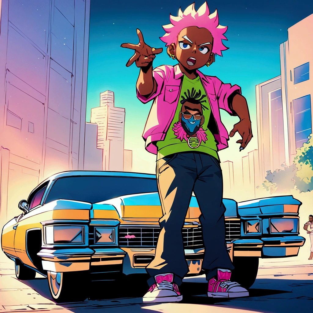 プロンプト Txt2Img rapper kendrick lammarcharacter,front of lowrider Cadillac, street setting, bustling city backdrop, grand theft auto artworkflavor illustration detailed linework, bold colors, hip-hop culture vibes, energetic atmosphere, urban art style, digital illustration of Katsuya ohtomo akira manga style, lively and expressive, artistically stylized, dramatic lighting effects, Artstation.