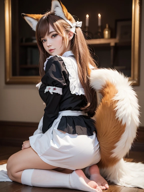 ((Highest quality)), ((masterpiece)), (Familiar), Perfect Face, fox lady, Pretty girl, Fox Ears, Fox tail, She has a northern fox tail, She wags her fluffy tail, She is a pretty maid, Beautiful hip line, Big , Thick thighs, A big tail growing out from under the skirt, Nice body, On all fours , Shyly staring at his tail, Only one tail, a shy face
