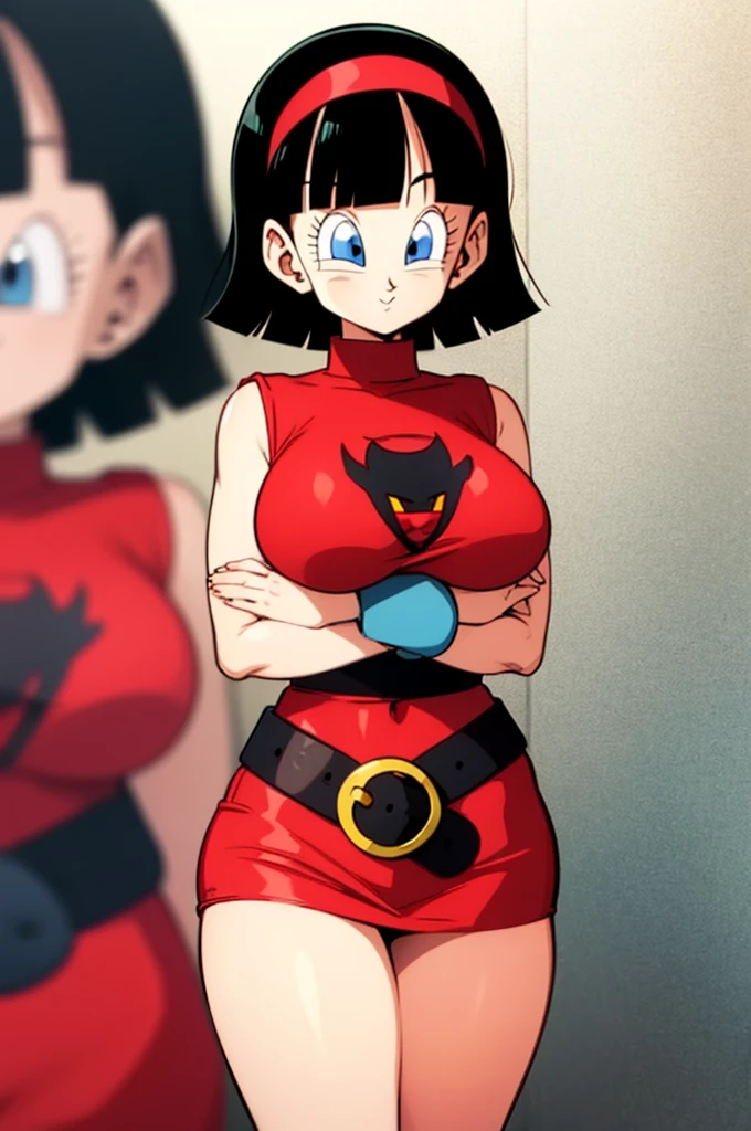 ultra detailed, masterpiece, best quality, solo, soft smile, light smile, Videl, Dragon Ball,
hairband, short hair, red hairband, bangs, sleeveless, dress, jewelry, belt, red dress, braceletblue eyes, colored eyelashes, eyelashes, black hair, , big breast, big ass, white shirt,  confused face expresion, sin imperfecciones, dibujo perfecto,