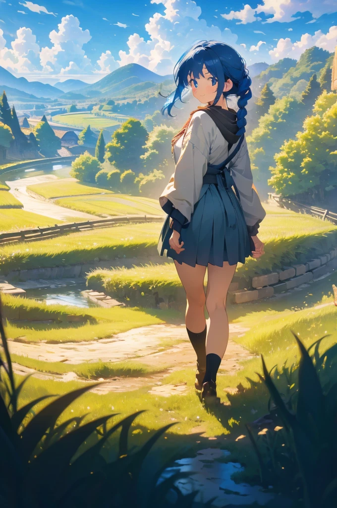 (masterpiece), (high resolution 8K), professional illustration, 1 girl, late age, walking, turn around, arched back, thigh focus, dutch angle, bird's eye view, hoody, mini-skirt, , blue hair, smile, looking away, japanese rural landscape, rice paddies, gravel road, night, high contrast, professional lighting, stunning face, symmetrical clear eyes, detailed eyes and face