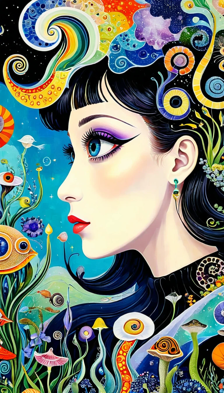 Picasso。1snails小屋,Artists from the stars,Colorful black,A world of color,Dopamine,mouth,A cloud、snails、iris、fish、Tentacles、bird、Eye、diatom,Abstract mosaic painting,Describing the inner world of autistic people,Sense of space,White Space,interesting,Innocence,Psychedelic Art,Black overall