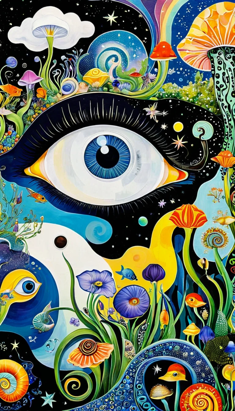 Picasso。1snails小屋,Artists from the stars,Colorful black,A world of color,Dopamine,mouth,A cloud、snails、iris、fish、Tentacles、bird、Eye、diatom,Abstract mosaic painting,Describing the inner world of autistic people,Sense of space,White Space,interesting,Innocence,Psychedelic Art,Black overall