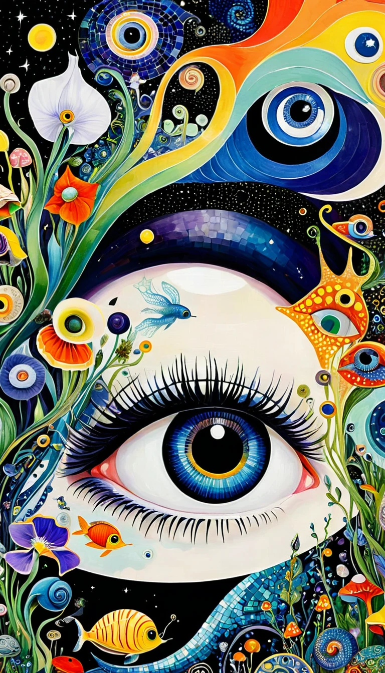 Picasso。1snails小屋，Artists from the stars，Colorful black，A world of color，Dopamine，mouth，A cloud、snails、iris、fish、Tentacles、bird、Eye、diatom，Abstract mosaic painting，Describing the inner world of autistic people，Sense of space，White Space，interesting，Innocence，Psychedelic Art，Black overall