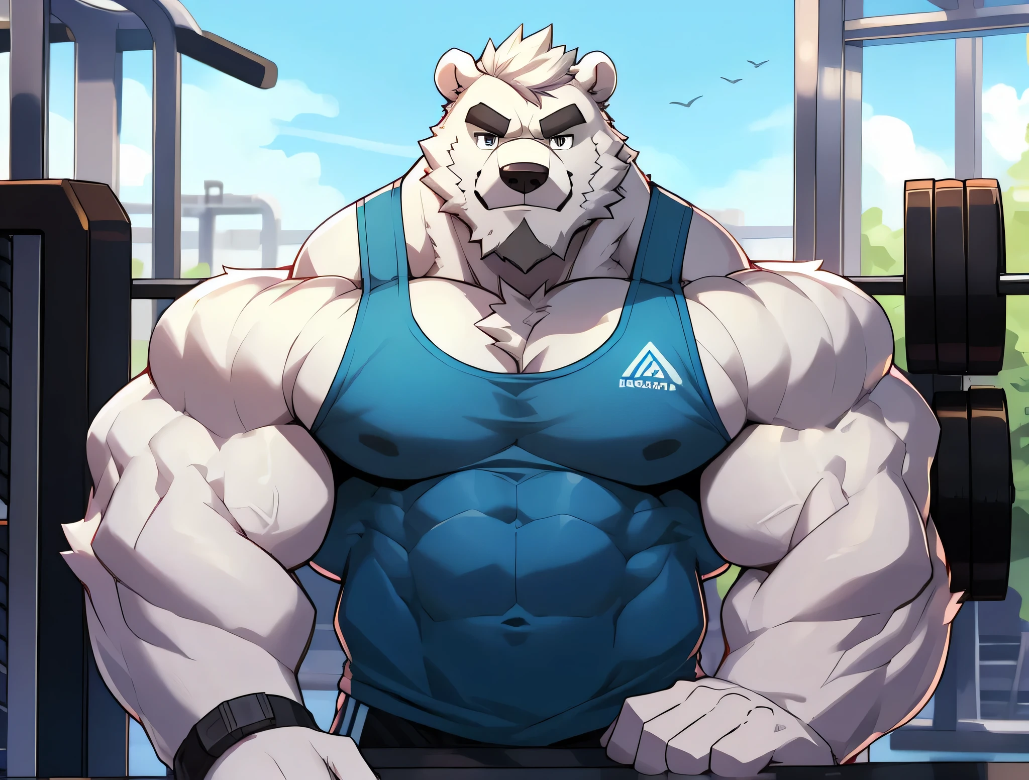 solo, 1boy, Huge Muscular White Polar Bear wearing glasses, huge white fur, pectoral, huge pectoral, wide pectoral, short white hair, blue colored short pants, blue colored wristbands and blue colored tank top, white bearded, white Mustache, white fur, black eyebrows, gym fitness center background, masterpiece, high detailed, 8k, high resolution, at the gym, flexes huge thorax, looking at the viewer, acting all hunk