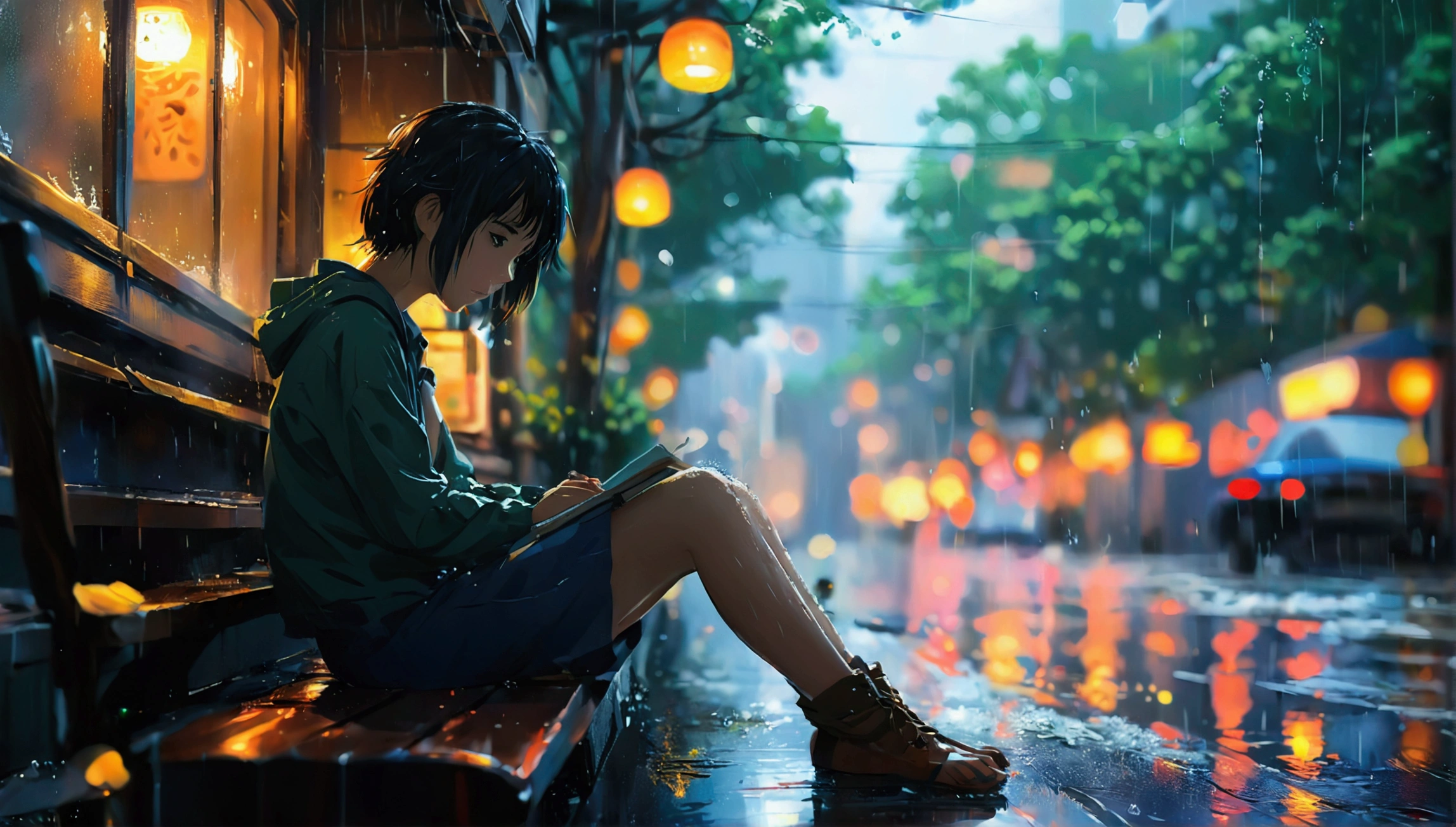 Anime girl sitting at a table in the rain, reflection. by Makoto Shinkai, dark. by Makoto Shinkai, Lo-fi Girl, Gweiz-style artwork, Portrait of Rofi, Digital Art Ilya Kuvshinov, Anime Art 1344X768,4K, アニメアート 4K, ( ( makoto shinkai ) )