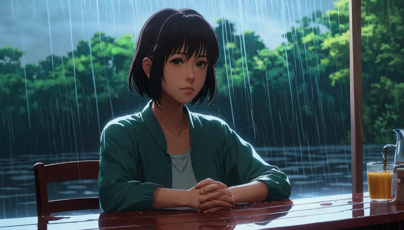 Anime girl sitting at a table in the rain, reflection. by Makoto Shinkai, dark. by Makoto Shinkai, Lo-fi Girl, Gweiz-style artwork, Portrait of Rofi, Digital Art Ilya Kuvshinov, Anime Art 1344X768,4K, アニメアート 4K, ( ( makoto shinkai ) )