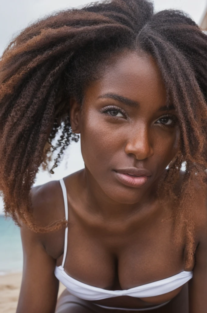 Caramel ebony female.Hd. Huge oversized breatss. Close up view. Wearing a bikini. A white man is kneeling in ftont of ger. . High quality. Ultra realistic. Perfect face. Viral photo.