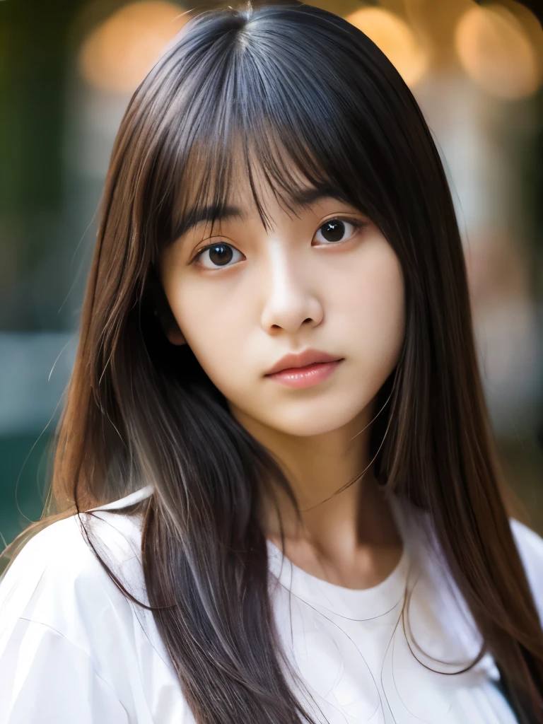 Realistic photo quality、4K high quality、Mion Mukaiji、17 year old young Japanese woman、beautiful girl、long straight hair、With bangs、glossy lips、Pitiful、clear、Attractive and Pitiful Beautiful Girl