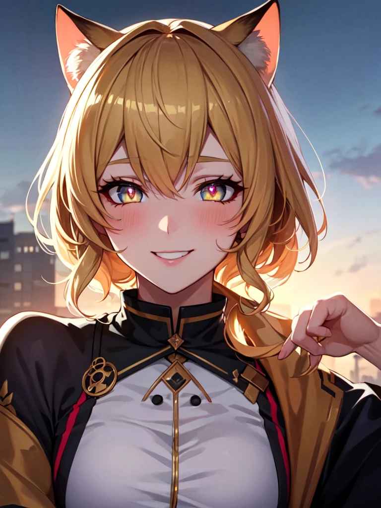 hair over shoulder, wavy hair, hair strand, shiny hair, blonde hair, eye reflection, glowing eyes, slit pupils, amber eyes, cat ears, smile, blush, glint, happy, anime, anime style, En plein air, high detail, cinematic lighting, ray tracing, reflection light, masterpiece, accurate, anatomically correct, super detail, high details, high quality, best quality, highres, 4K