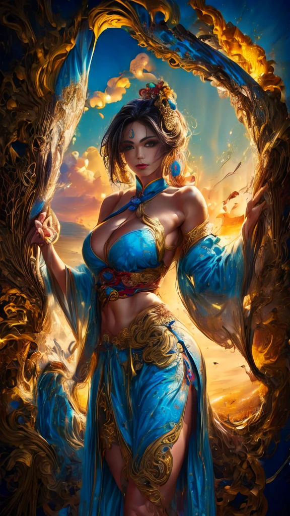 Official Art, Unified 36K Wallpapers, Ultra Detailed, Beautiful and Aesthetic, Masterpiece, Best Quality, (Zentangle, Tangle, Entangle), (fractal art: 1.4), (character center: 1.3), 1woman, brunette hair, Latina Adult model Daisy Marie, off-the-shoulders, short short skirt, calf, navel, very detailed, dynamic angle, cowboyshot, (most beautiful form of chaos), ethereal, (bright colors), oc, (half: 1.2), china, (thangka flying sky: 1.5), (ribbon: 1.3), (dream: 1.5), (Curtain hanfu: 1.5), Chinese dragon, Chinese phoenix, (smile: 0.5), ( Chinese deities),