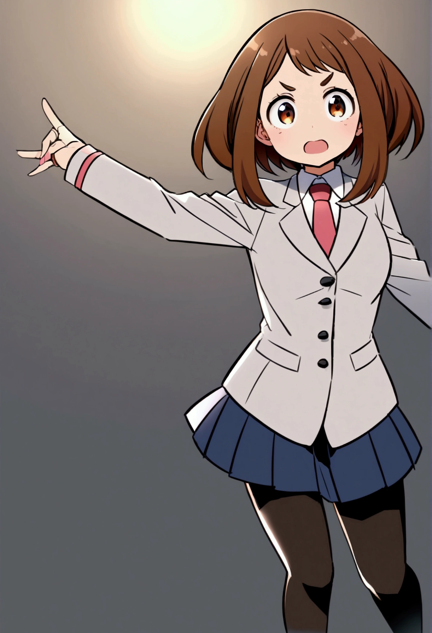 uraraka ochako, brown eyes, brown hair, u.a. , {{grey jacket}}, red necktie, pleated skirt, Blue skirt, black pantyhose,
