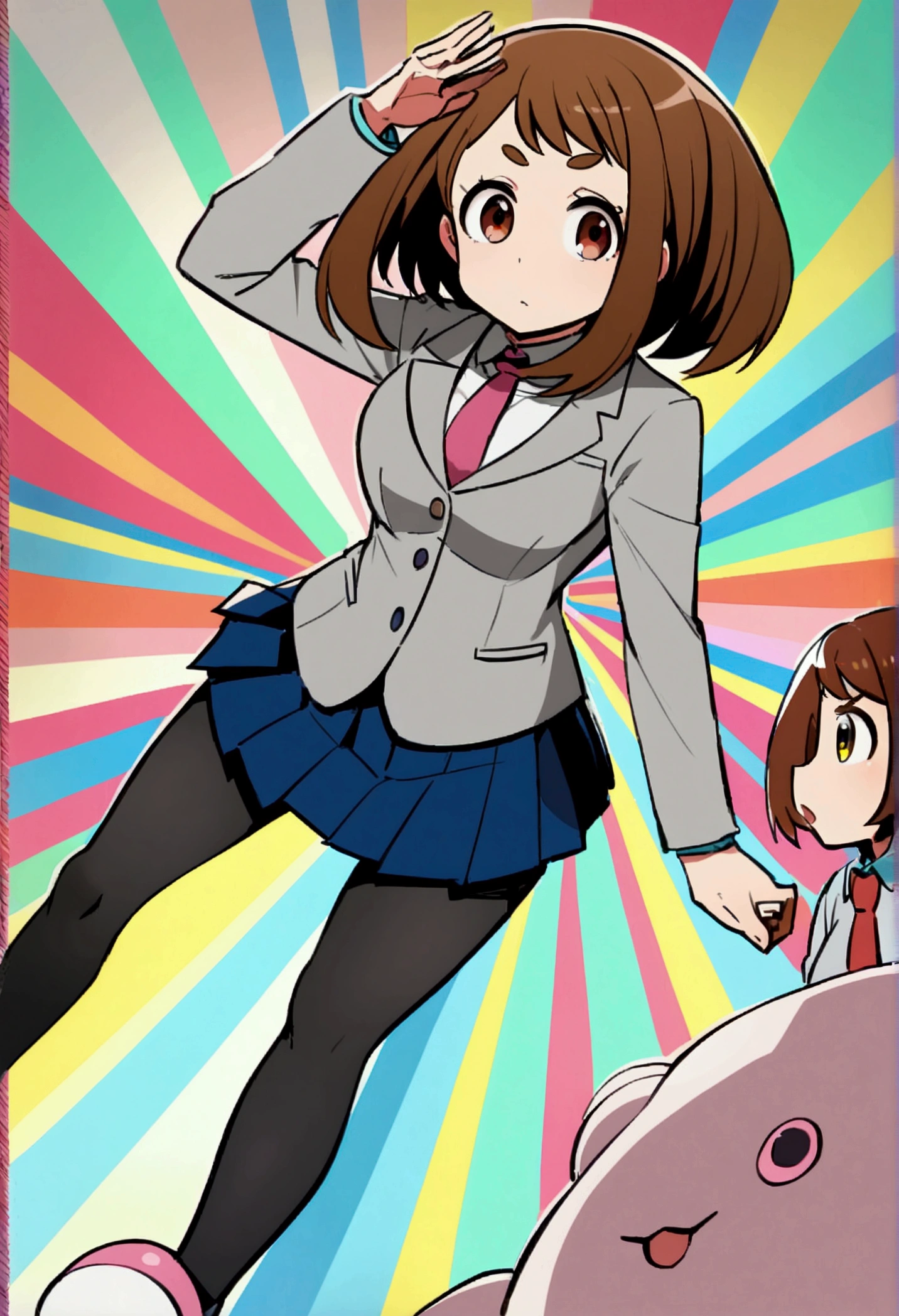 uraraka ochako, brown eyes, brown hair, u.a. , {{grey jacket}}, red necktie, pleated skirt, Blue skirt, black pantyhose,