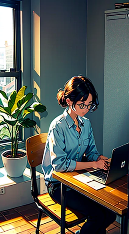 A person sitting at a desk, working on a laptop. The desk has a cup of coffee, some books, and a potted plant. The background is a cozy home office with warm lighting.