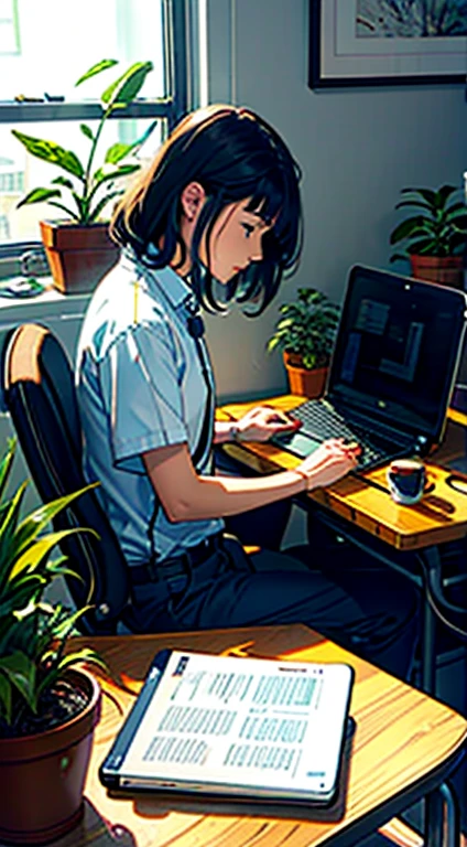 A person sitting at a desk, working on a laptop. The desk has a cup of coffee, some books, and a potted plant. The background is a cozy home office with warm lighting.