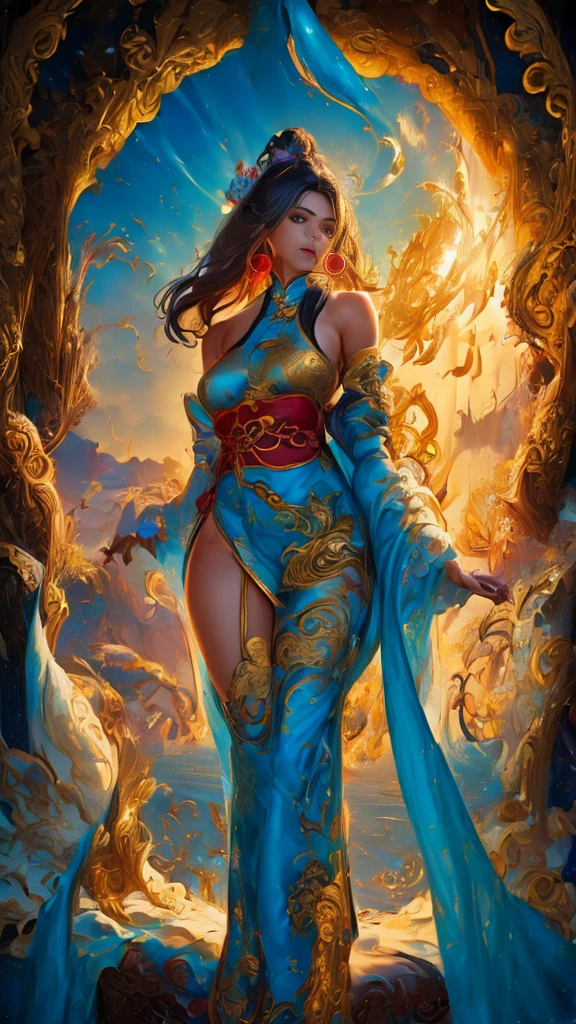Official Art, Unified 36K Wallpapers, Ultra Detailed, Beautiful and Aesthetic, Masterpiece, Best Quality, (Zentangle, Tangle, Entangle), (fractal art: 1.4), (character center: 1.3), 1woman, brunette hair, Latina Adult model Daisy Marie, off-the-shoulders, short short skirt, calf, navel, very detailed, dynamic angle, cowboyshot, (most beautiful form of chaos), ethereal, (bright colors), oc, (half: 1.2), china, (thangka flying sky: 1.5), (ribbon: 1.3), (dream: 1.5), (Curtain hanfu: 1.5), Chinese dragon, Chinese phoenix, (smile: 0.5), ( Chinese deities),