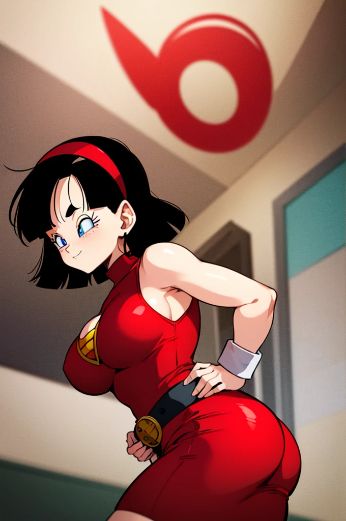 ultra detailed, masterpiece, best quality, solo, soft smile, light smile, Videl, Dragon Ball,
hairband, short hair, red hairband, bangs, sleeveless, dress, jewelry, belt, red dress, braceletblue eyes, colored eyelashes, eyelashes, black hair, , big breast, big ass, white shirt, confused face expresion, sin imperfecciones, dibujo perfecto,